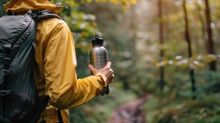 Fototapeta premium A person holding a reusable water bottle while hiking in a forest, promoting hydration and environmental awareness