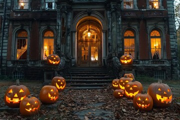 Obraz premium Abandoned mansion with jack-o'-lanterns illuminating the entrance, phantoms visible through broken windows, night scene