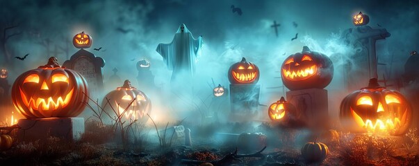 Haunted graveyard at night with jack-o'-lanterns illuminating the fog, ghostly phantoms hovering above