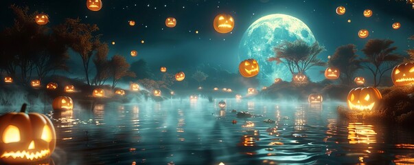 Jack-o'-lanterns floating above a misty lake, phantoms gliding over the water, moonlit night