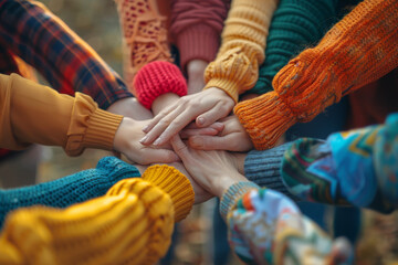 1. Close-up of friends holding hands in a circle, symbolizing unity and connection. Sharp Focus, High-resolution photograph captured using Canon EOS R5 camera.