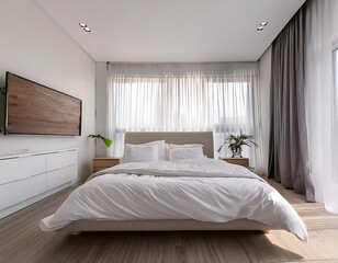 Hyper-detailed image of a simplistic bedroom, white sheets, no clutter