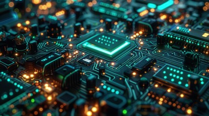 Obraz premium Futuristic circuit board, abstract design, blue and green neon, wideangle shot, intricate details, generative AI technology, hightech feel