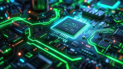 Fototapeta premium Futuristic circuit board, abstract design, blue and green neon, wideangle shot, intricate details, generative AI technology, hightech feel