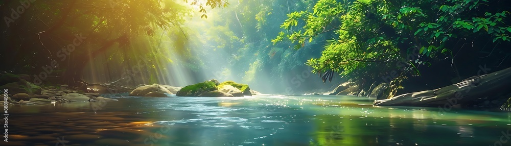 Poster sunbeams illuminating a tranquil stream