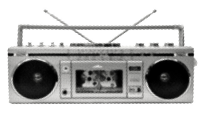 tape recorder boombox radio isolated retro grunge halftone dotted vintage cut-out collage element for mixed media design