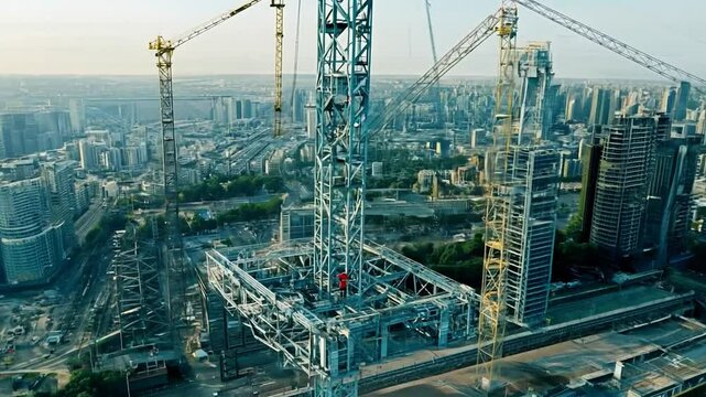 A large construction site with cranes lifting beams, workers in hard hats coordinating tasks, and the skeletal framework of a skyscraper in progress. The urban landscape provides a dynamic backdrop.