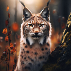 Fototapeta premium A majestic lynx, its intense gaze captured in high detail, stands amidst autumn leaves in a forest