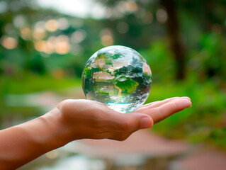 A hand holding a transparent globe with a natural background, representing environmental awareness and global sustainability.