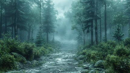 Obraz premium Dark, foggy forest with tall trees background