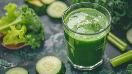 Fototapeta premium A fresh green juice in a glass with ingredients like kale, cucumber, and celery on the side, promoting a detox drink