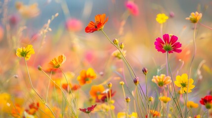 Naklejka premium A Field of Blooming Flowers in a Sunset Glow