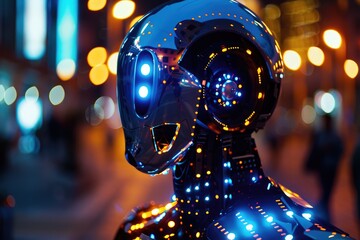 A robot with glowing eyes and a futuristic design, A glowing robot with a mosaic of pulsing lights covering its surface, AI generated