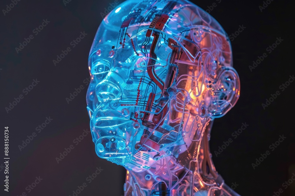 Poster a glowing robot with intricate circuit patterns visible beneath its translucent casing, ai generated