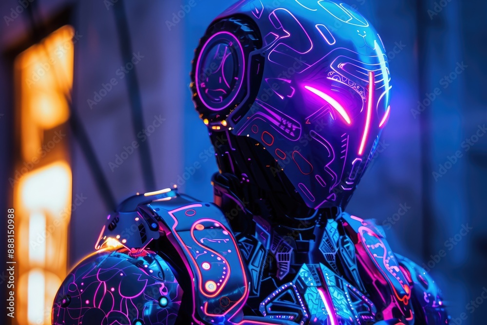 Poster image of a robot head illuminated by blue and pink lights, creating a striking visual effect, a glow