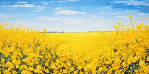 Golden yellow field and blue sky landscape. Ukraine flag nature outdoor background countryside farm inspiration view