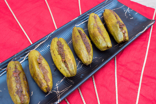 Indian Dry sabzi or side dish for roti or rice.  Stuffed Parwal or  Pointed Gourd . 