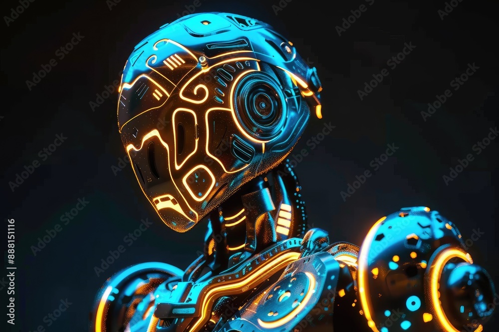 Poster image of a robot head illuminated by blue and pink lights, creating a striking visual effect, a glow