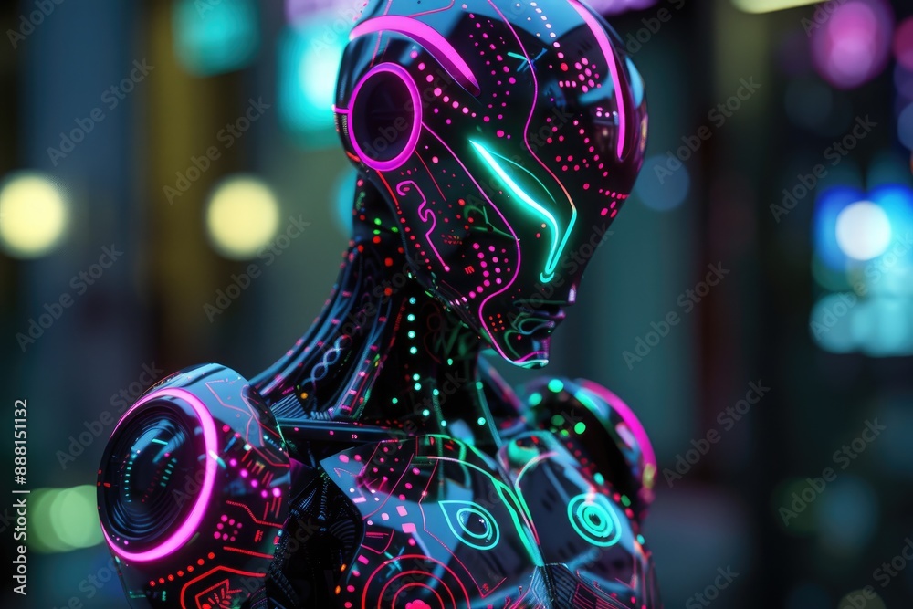 Poster image of a robot head illuminated by blue and pink lights, creating a striking visual effect, a glow