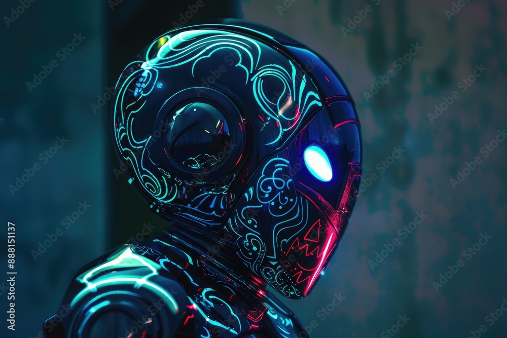 Poster image of a robot head illuminated by blue and pink lights, creating a striking visual effect, a glow