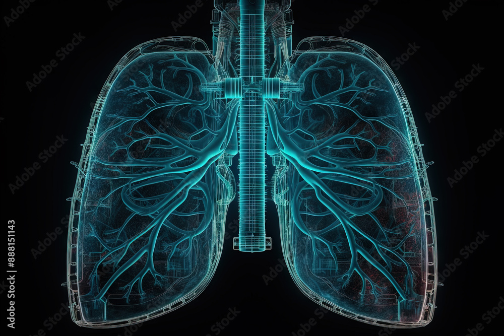 Poster Artificial implant science concept with technological AI lungs on the circuit board.