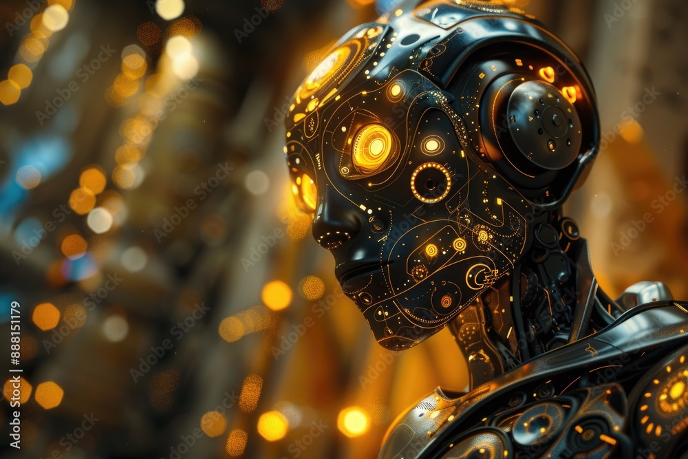Poster a glowing robot with intricate circuit patterns visible beneath its translucent casing, ai generated