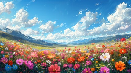 Vibrant field of wildflowers in full bloom under a clear sky