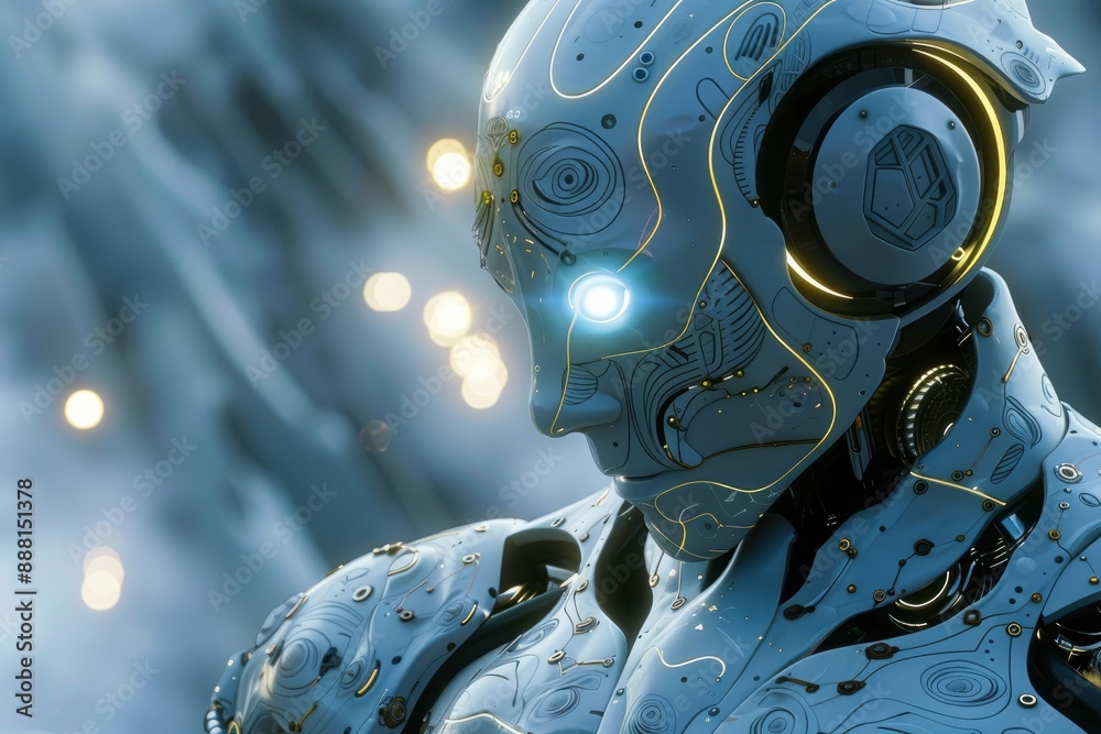 Poster an illuminated robot with glowing eyes in a dimly lit environment., a glowing robot with intricate c