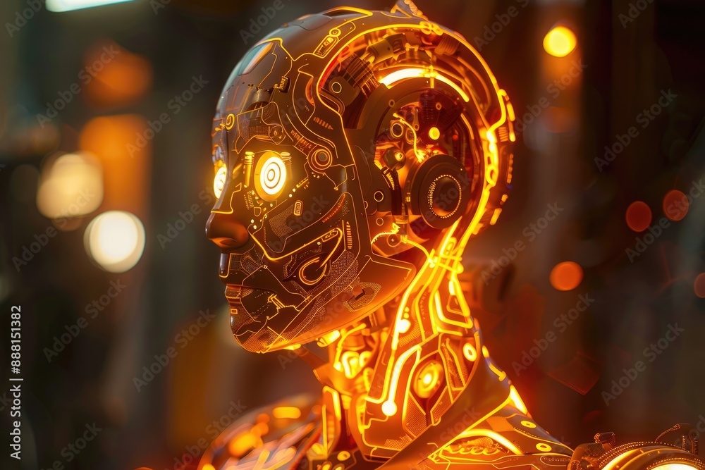 Poster an illuminated robot with glowing eyes in a dimly lit environment., a glowing robot with intricate c