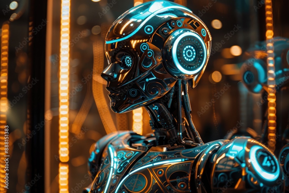 Poster an illuminated robot with glowing eyes in a dimly lit environment., a glowing robot with intricate c