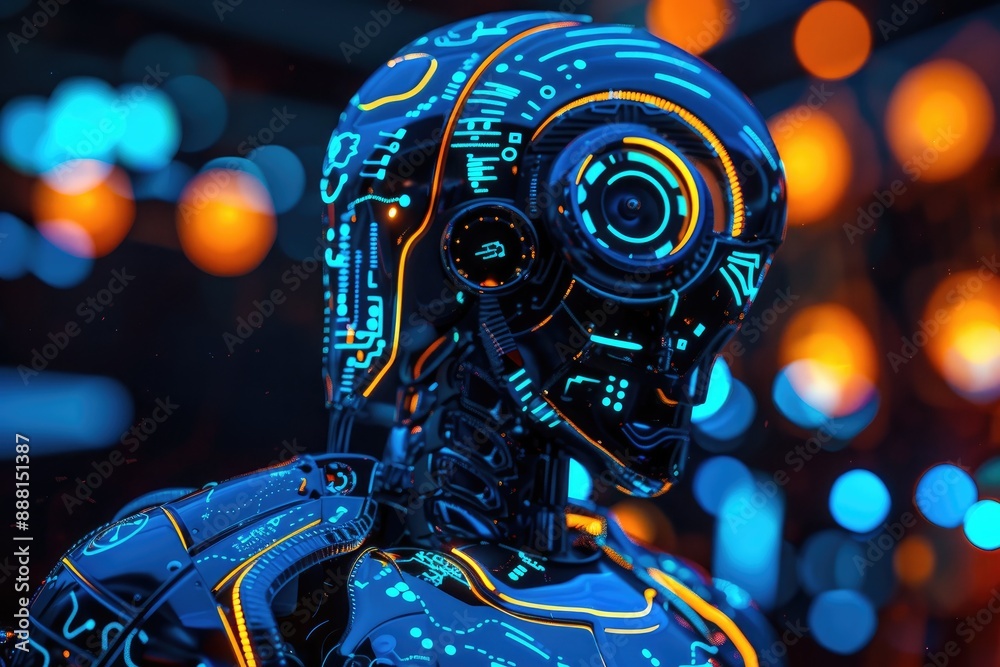 Poster an illuminated robot with glowing eyes in a dimly lit environment., a glowing robot with intricate c