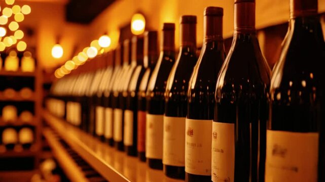 Shelf Display of Dark Wine Bottles with Labels, Warm Light Background Out of Focus