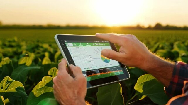 A farmer inspecting the growth of crops using a tablet, with detailed data displayed on the screen.