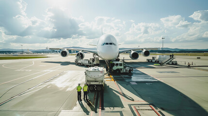 View of Citilink airplane parked on apron prepared for departure with ground crew at HAS Hanandjoeddin International Airport. Refuelling and loading baggage.