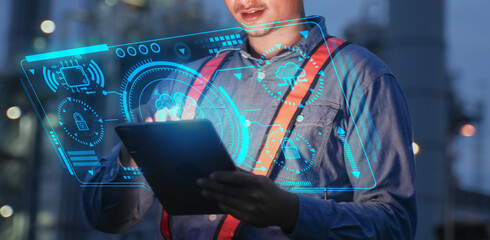 Engineer Using Augmented Reality Technology on Tablet at Industrial Site, Technology AI assistance...