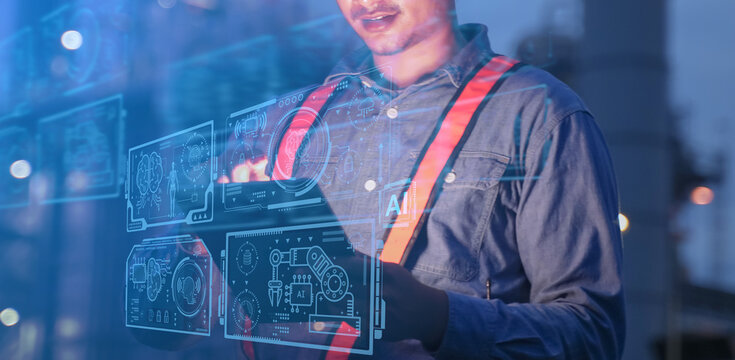 Engineer Using Augmented Reality Technology on Tablet at Industrial Site, Technology AI assistance and automatic system for industries plant.