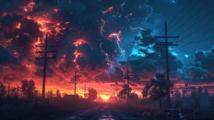 Obraz premium High-voltage transmission lines against a dramatic sunset sky.