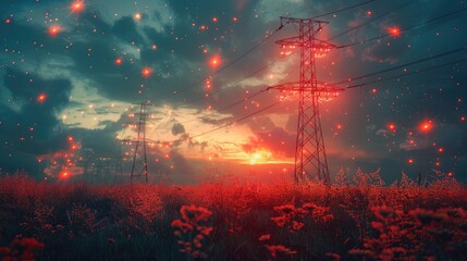 Fototapeta premium High-voltage transmission lines against a dramatic sunset sky.