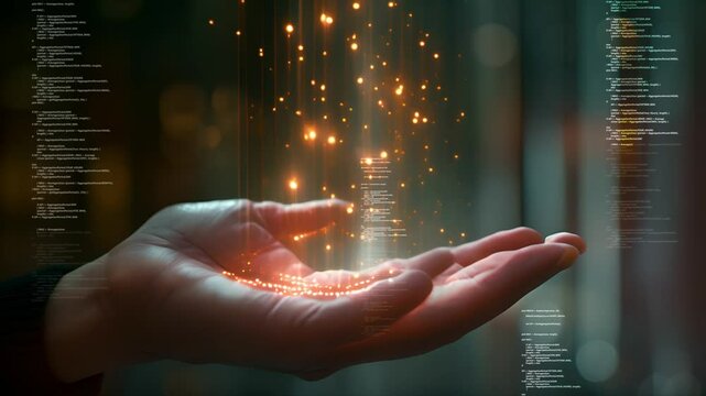 Hand with light, Professional business global financial investment data, communication social network connection, future technology digital data transformation coding