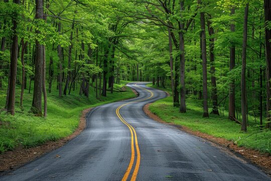 Car with new tires driving on a winding forest highway, highlighting the adventure of road trips,The images are of high quality and clarity