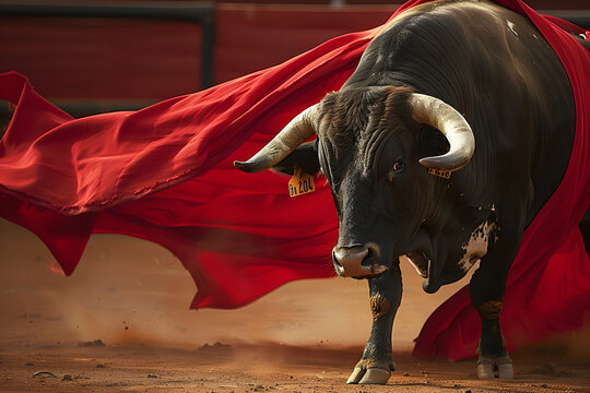 Bull in bullfight arena with red cloth