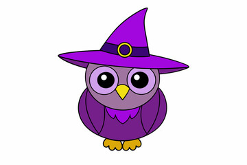 Cute Owl in Purple Witch Hat Vector Illustration - Cartoon Clipart and Line Art Design