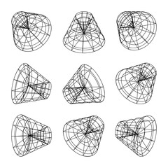 Wireframe lined shapes. Perspective mesh, 3d grid. Low poly geometric elements. Retro futuristic design elements, y2k, vaporwave and synthwave style. Vector illustration