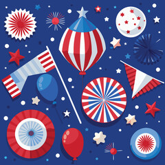 Obraz premium Independence Day poster, banner, foil balloon flyer, paper fan, and confetti for July 4. American flag colors. Minimalism flat lay design.