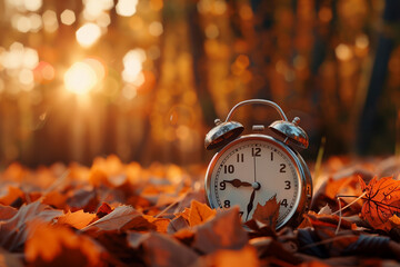 An alarm clock among the fall foliage. The arrival of fall. Turning the clocks. 