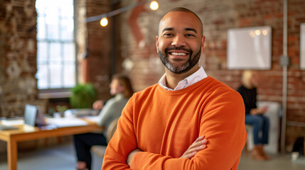 Obraz premium a man in an orange sweater with his arms crossed