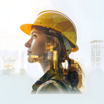 Doble exposici&oacute;n de mujer arquitecto con edificios de fondo