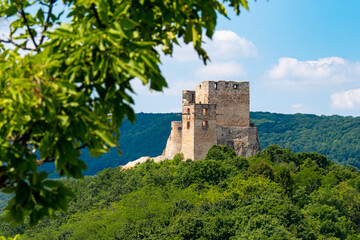 Fototapeta premium Ruins of a medieval castle on top of a green hill