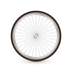 Fototapeta premium Realistic 3d retro bicycle wheel. Bike rubber tire, shiny metal spokes and rim. Fitness cycle, touring, sport, road and mountain bike. Vector illustration