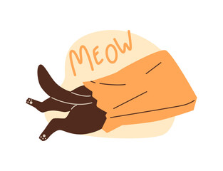 Cute black cat plays, climbs inside the paper bag, vector funny hiding kitten back view, cartoon fluffy feline pet, Meow